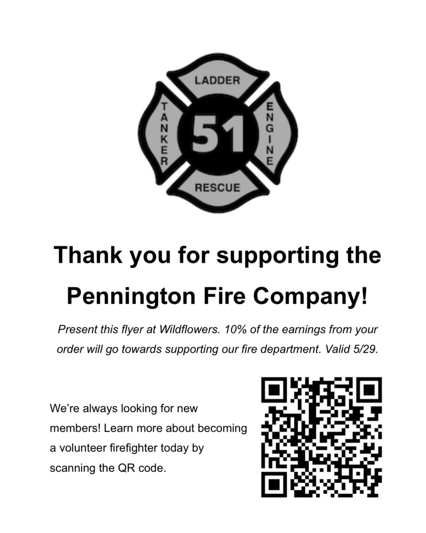 Support us volunteers!
Present this flyer at Wildflowers and 10% of your order will go towards supporting the Pennington Fire Co. volunteer firefighters!
🗓️ Valid on May 29th
Let’s give back while enjoying a delicious meal! 💙
#SupportLocal #FireDepartment #Wildflowers #CommunityFirst #Giveback